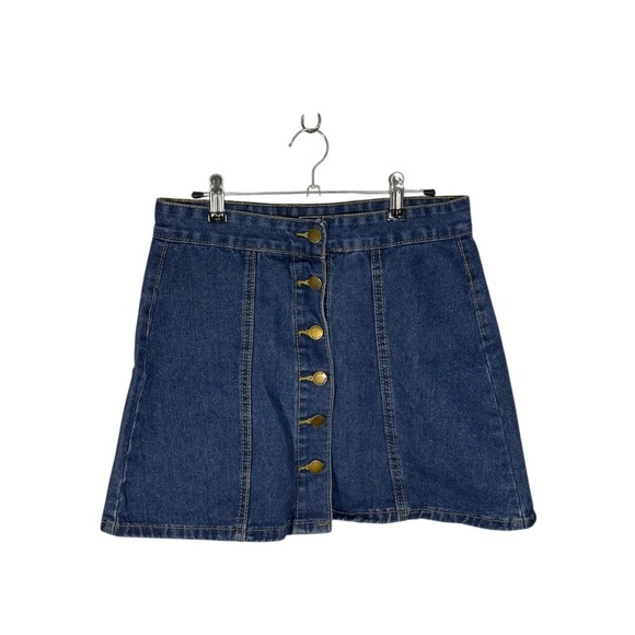 Denim Mini Skirt Button Front A-Line Dark Wash Casual Cute - Picture 2 of 2